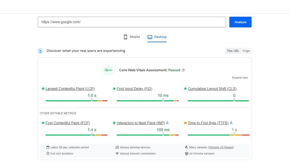 Image of google page speed insights showing LCP, FID, CLS, FCP, INP and TTFC for our post How Important Is Page Speed For SEO?