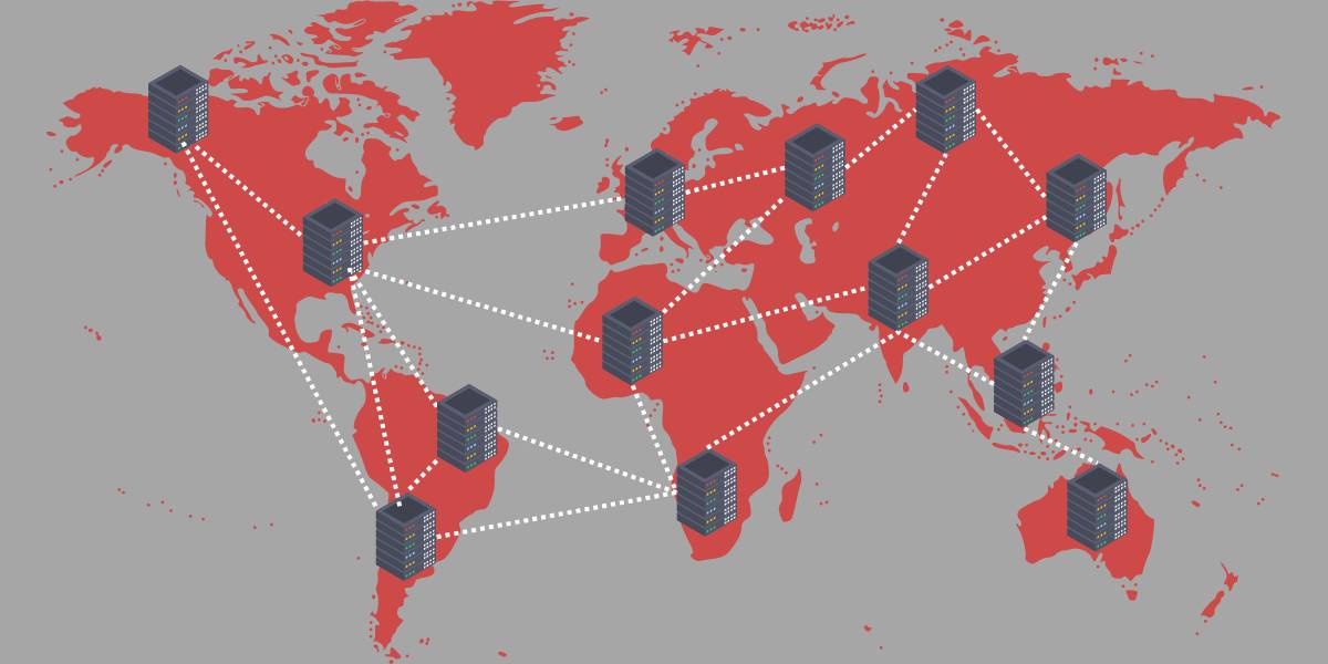 Diagram of a CDN showing world map and servers across the map