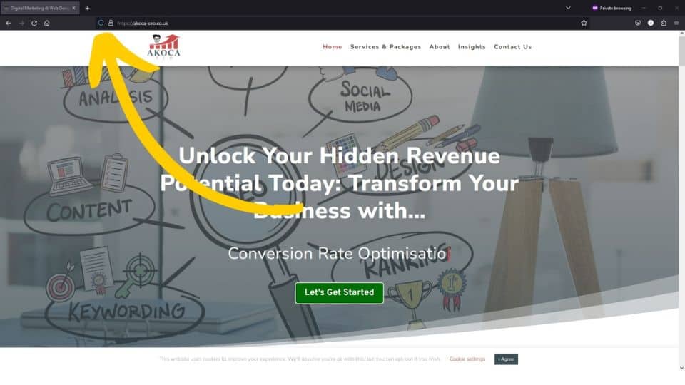 arrow pointing to a secure padlock next to the URL.