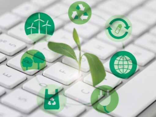 Image of a plant growing from a keyboard with various green energy symbols circiling it