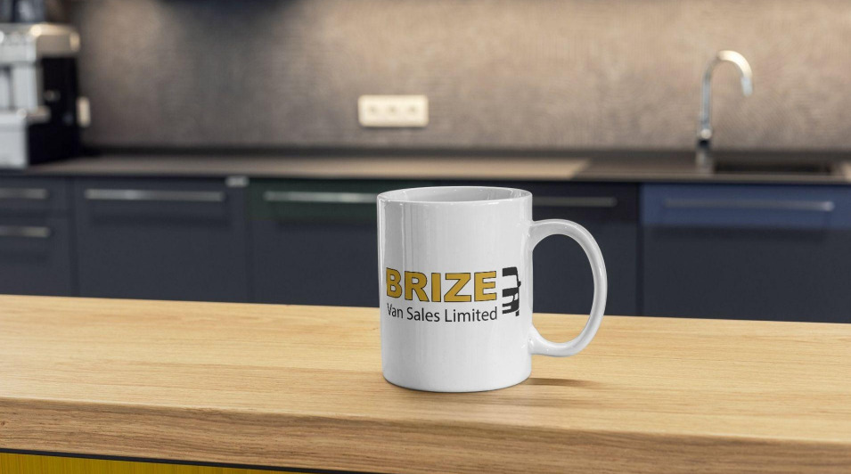 A white cup on the side with the Brize Van Sales Logo on it